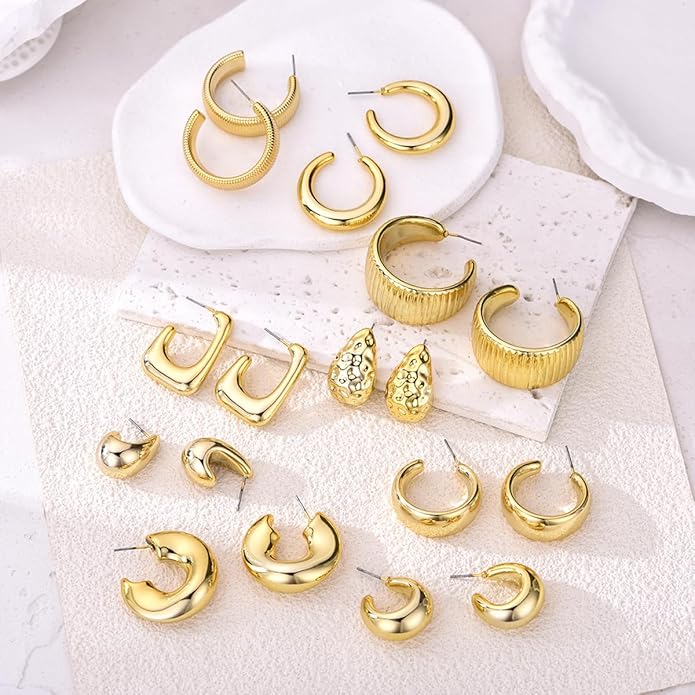 9 Pairs Chunky Gold Earrings Set for Women Trendy Lightweight Gold Plated Hoop Earrings Hypoallergenic Jewelry