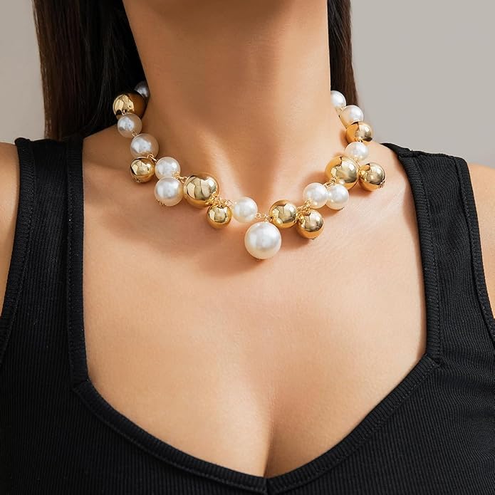 Chunky Pearls Statement Choker Necklace for Women,14K Gold Large Beaded Punk Ball Cluster Collar Necklace Party Dainty Jewelry Gift