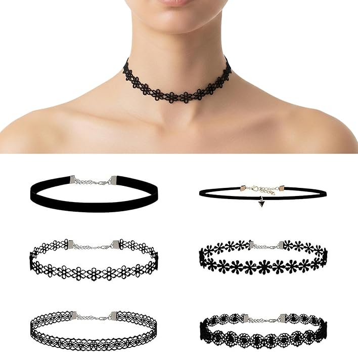 6 Pcs Black Choker Necklaces Black Velvet Choker Set Classic Gothic Tattoo Lace Chokers,Adjustable Lace Choker Necklace For Women