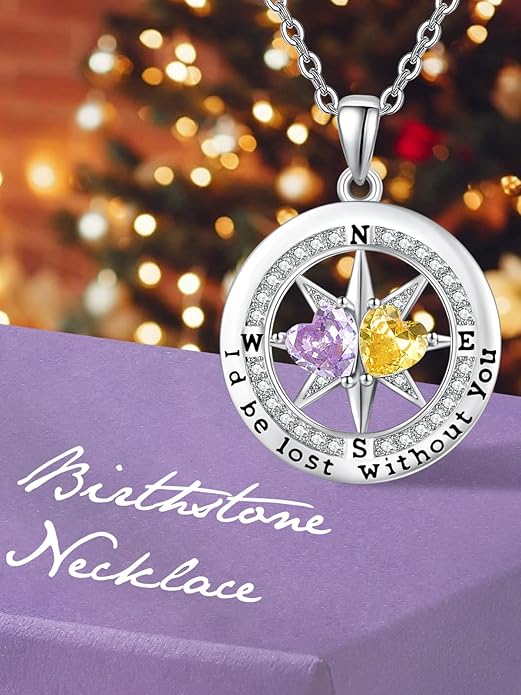 Compass Necklace for Women, Exquisite S925 Valentines Day Anniversary Birthday Gifts for Wife Her Double Birthstone Pendant Jewelry ‘I'd be Lost Without You’