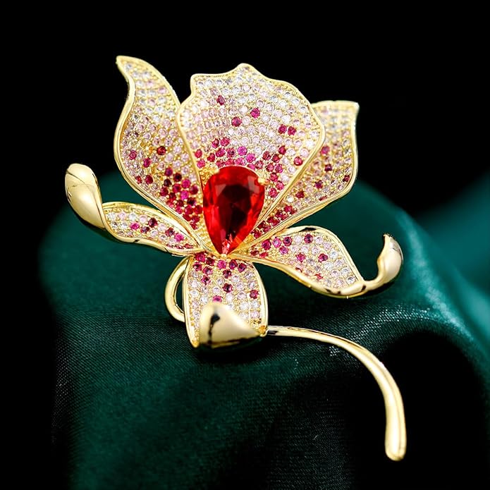 Stunning Handmade Lily Brooch in 14K Gold with Crystal Encrusted, Luxurious Moissanite Botanical Floral Corsage, Ideal Botanical Theme Shawl Accessory