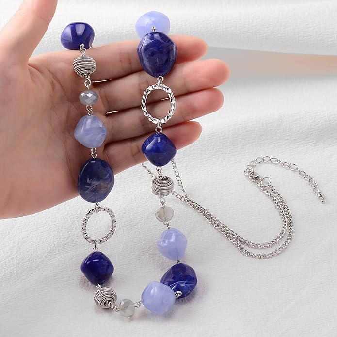 BULINLIN Beaded Long Necklace for Women Silver Sweater Chain Necklace with Crystal Resin Beads, Fashion Jewelry Necklace