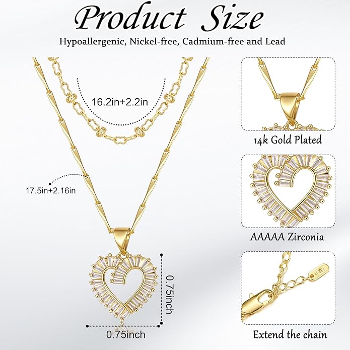 Heart Necklaces for Women 14K Gold Plated Layered Necklace Set with Cubic Zirconia Heart Pendant, Dainty Stackable Choker Chain, Gift for Her