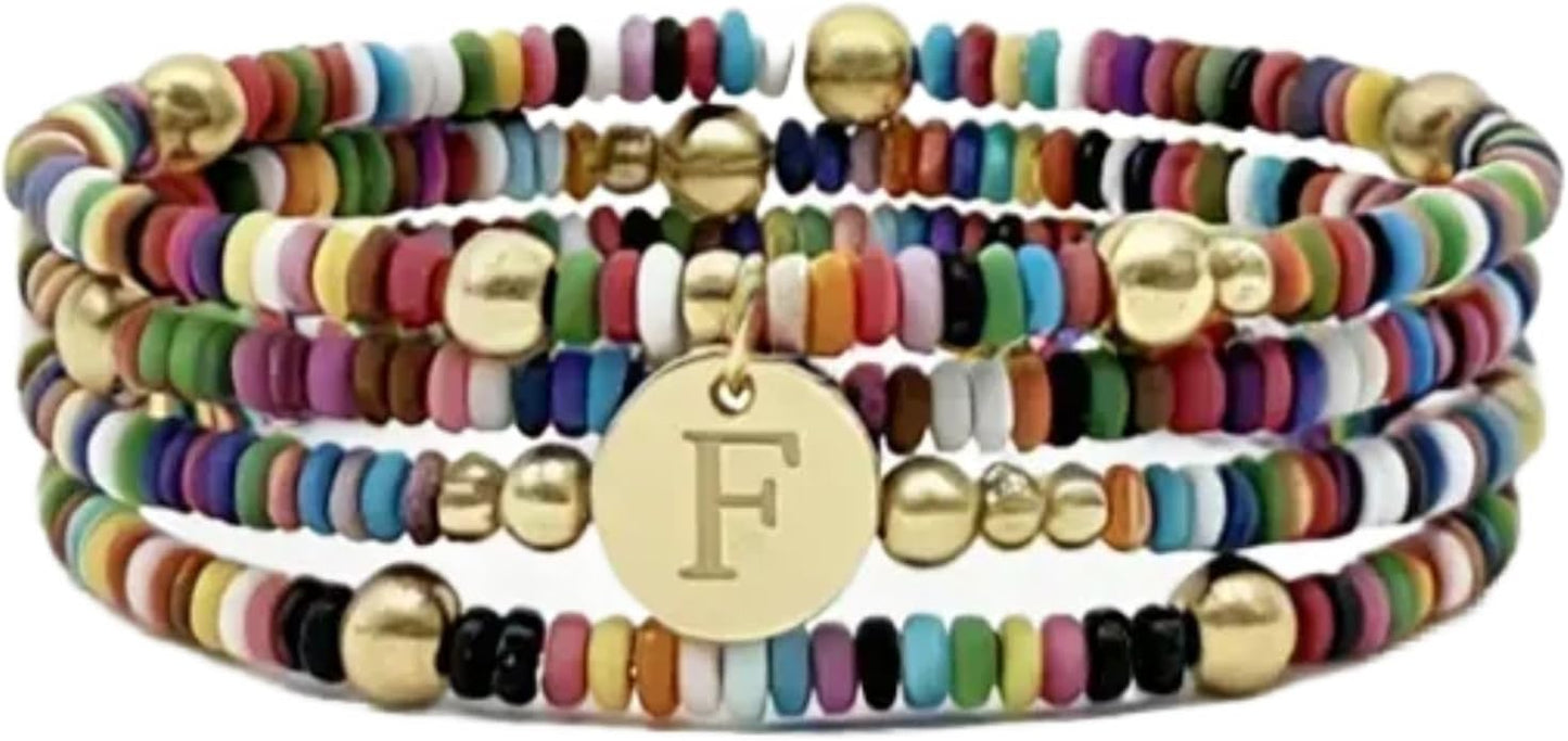 Set of 4 Colorful Bead Initial Bracelets, Personalized Stackable Jewelry, Adjustable Stretchy Charm Bracelets for Women, Beaded Bracelet Set, Trendy Custom Jewelry Gift