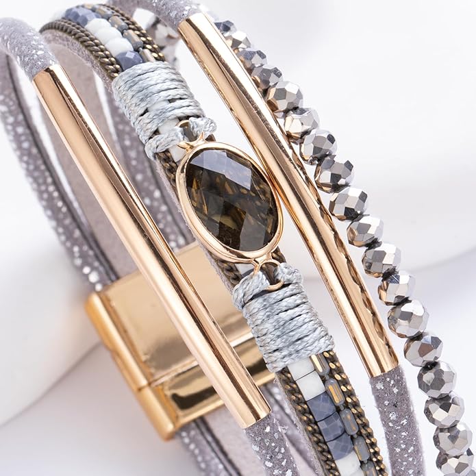 FANCY SHINY Leather Wrap Bracelets Crystal Beads Bracelet Boho Cuff Stone Charm Bracelets with Clasp Costume Jewelry for Women