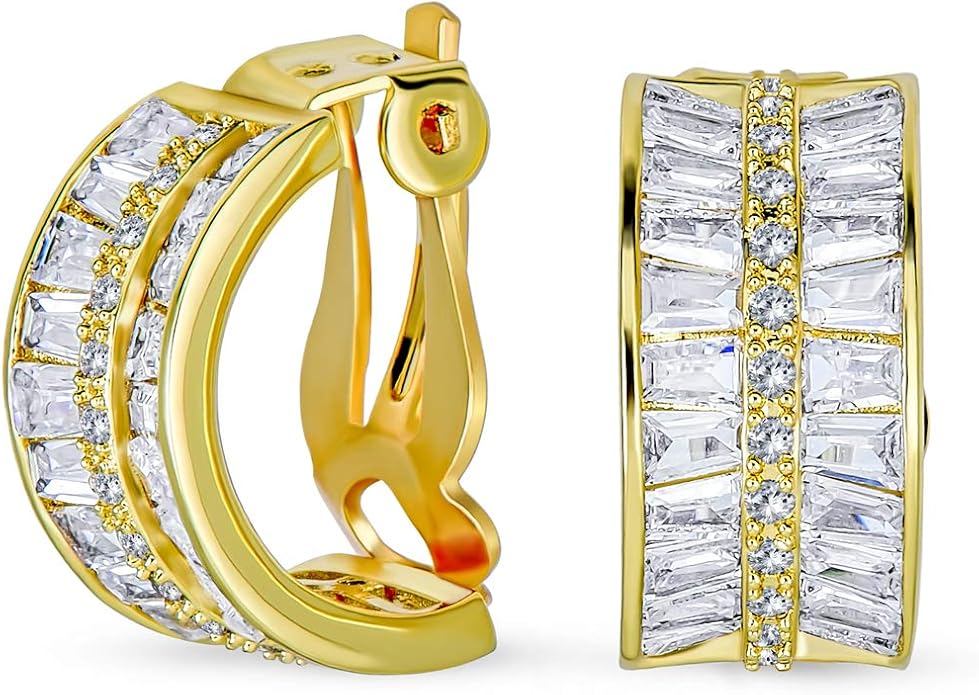 Fashion Bridal Wedding 3 Row Pave Crystal Dome Endless Hinged Huggie Hoop Clip On Earrings For Women Non Pierced Ears Yellow Gold Silver Plated