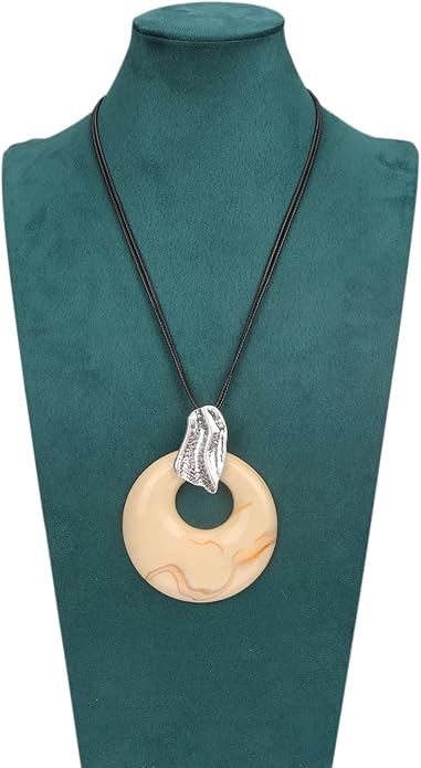Boho Leather Necklace Women Bohemian Brown Circle Pendant Necklace Choker Long Necklaces for Women Boho Ring Large Pendant