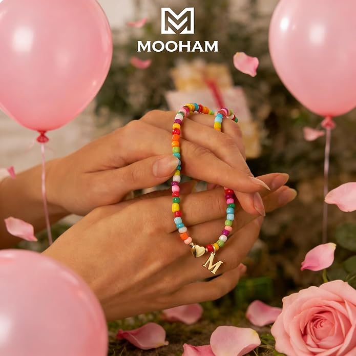 M MOOHAM Valentines Gifts for Kids Teen Girls- Colorful Beaded Initial Necklace for Women 14K Gold Plated Heart Initial Choker Necklaces for Women Girls Jewelry, Letter A-Z Pendant Birthday Gifts