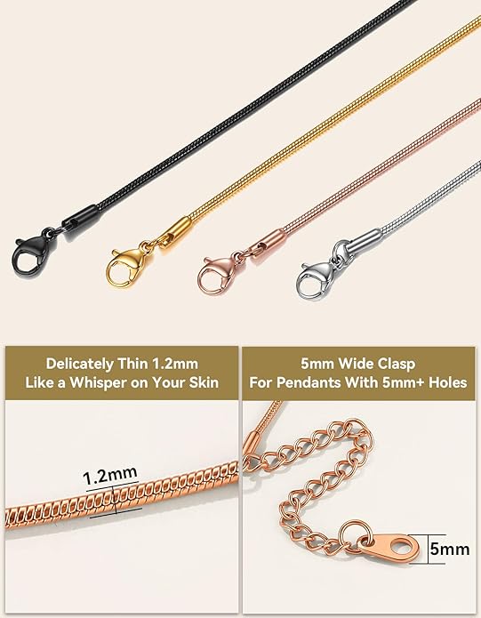 ChainsHouse Snake Chain Necklace for Women 1.2mm, 14-30" Adjustable with 5cm Extender for Pendants Lockets, Rose Gold/Stainless Steel/Black/14K Gold Hypoallergenic Dainty Jewelry Gift