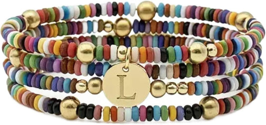 Set of 4 Colorful Bead Initial Bracelets, Personalized Stackable Jewelry, Adjustable Stretchy Charm Bracelets for Women, Beaded Bracelet Set, Trendy Custom Jewelry Gift