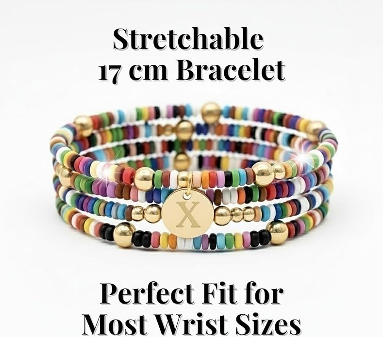Set of 4 Colorful Bead Initial Bracelets, Personalized Stackable Jewelry, Adjustable Stretchy Charm Bracelets for Women, Beaded Bracelet Set, Trendy Custom Jewelry Gift