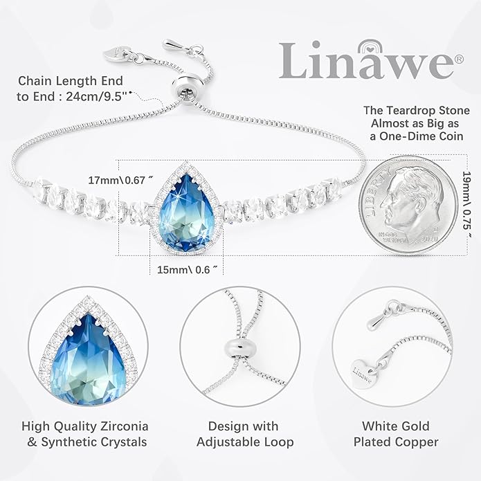 Linawe Crystal Imitation Diamond Rhinestone Charm Bracelets for Women, Gold/Silver/Rose Gold Adjustable Chain Bracelet, Teardrop Birthstone Cubic Zirconia Prom Costume Wedding Jewelry