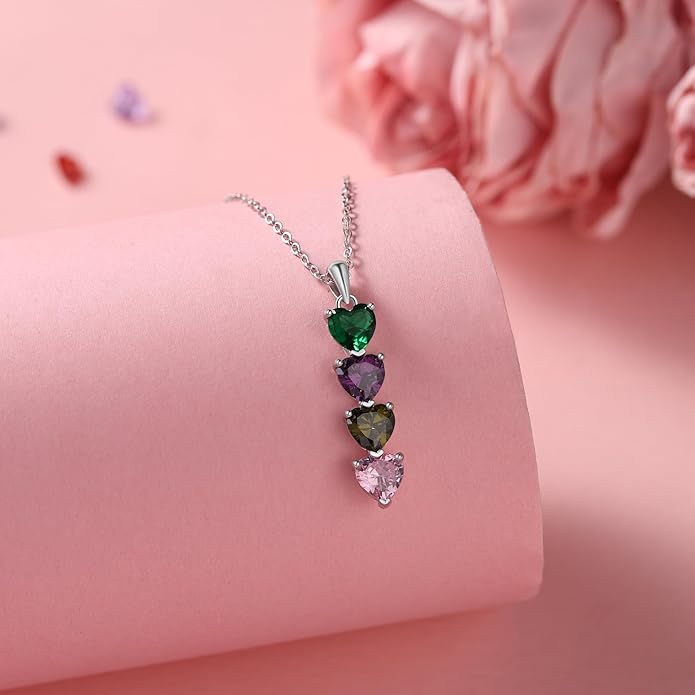PaulaMax Jewelry Custom Birthstone Necklace for Women in 925 Sterling Silver, Mother's Day Necklace with 1 2 3 4 Heart Birthstones, Personalized and Customized Sterling Silver Chain 18" + 2"