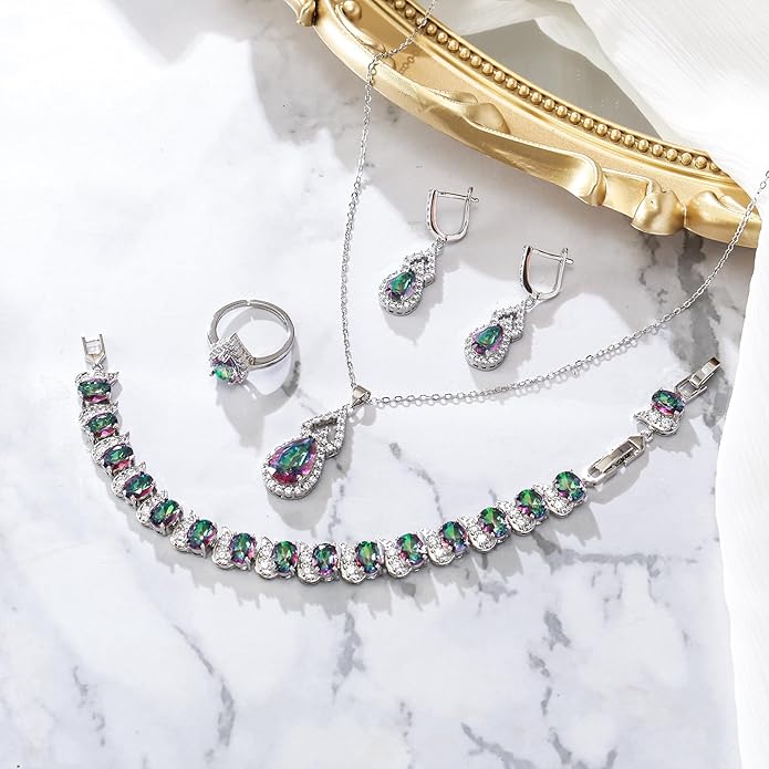 BriLove Wedding Jewelry Set for Women Bride Bridesmaid, Gorgeous Cubic Zirconia Teardrop Necklace Earrings Bracelet Adjustable Ring Jewelry Gift for Birthday/Anniversary/Mother’s Day