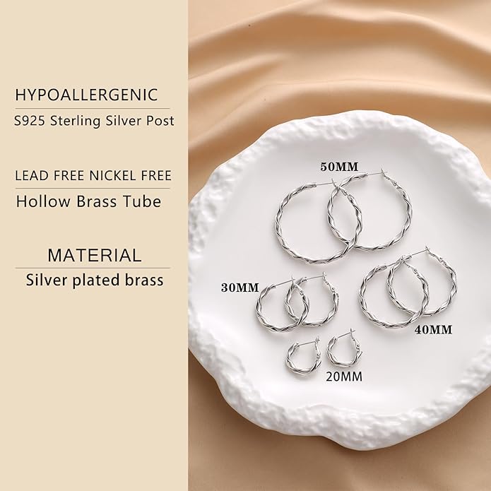 14k Gold Plated Hoop Earrings for Women, 925 Sterling Silver Posts Thick Twist Hypoallergenic Chunky Large Earrings 20mm 30mm 40mm 50mm