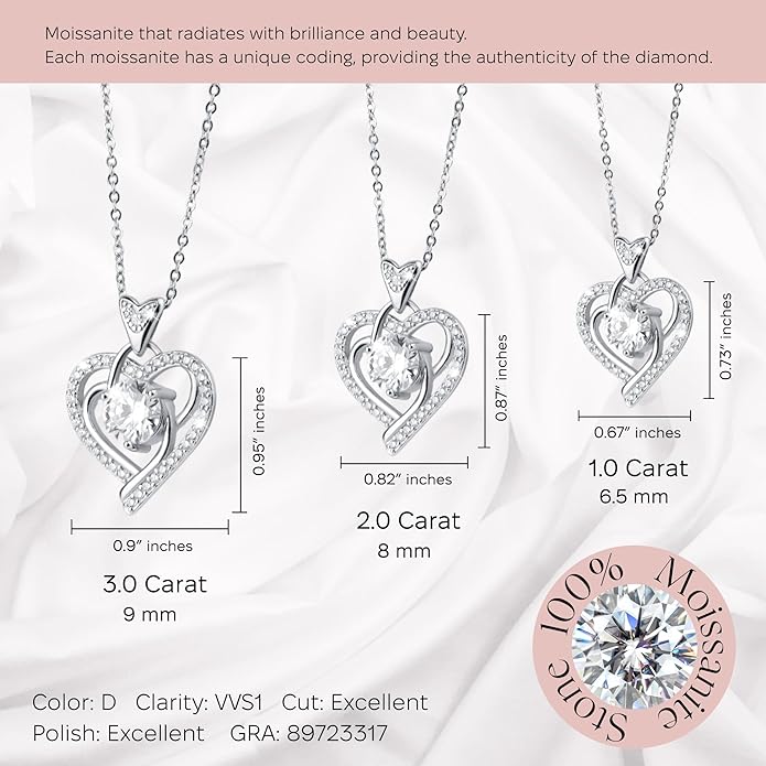 Valentines Day Moissanite Pendant Necklace for Women – 925 Sterling Silver Necklace for Women Heart Pendant, Dainty Silver Jewelry Gift Box for Mom Wife Girlfriend – Birthday Anniversary