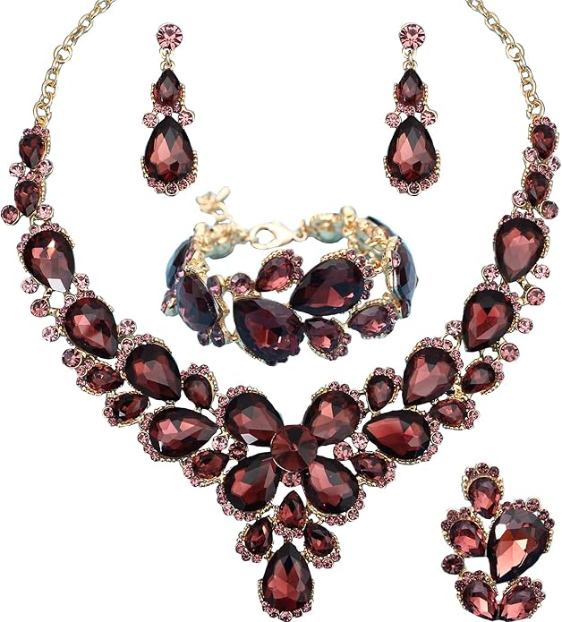 Women's Wedding Bridal Austrian Crystal Glass Teardrop Statement Necklace Dangle Earrings Bracelet Ring Wedding Party Jewelry Set for Bridal Bridesmaid