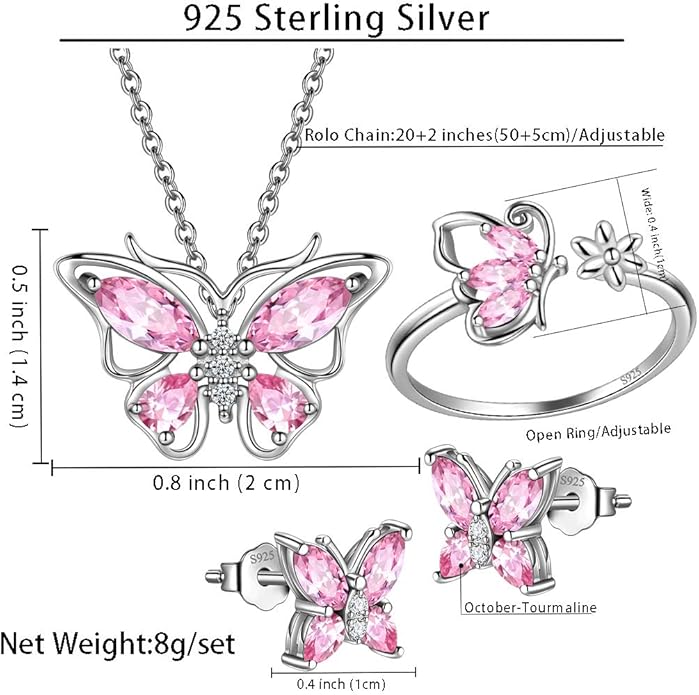 925 Sterling Silver Birthstone Butterfly Jewelry Women Crystal Animal Cute Butterflies Birthday Necklace/Earring/Ring/Bracelet Sets Birth Stone Statement Anniversary Jewellery