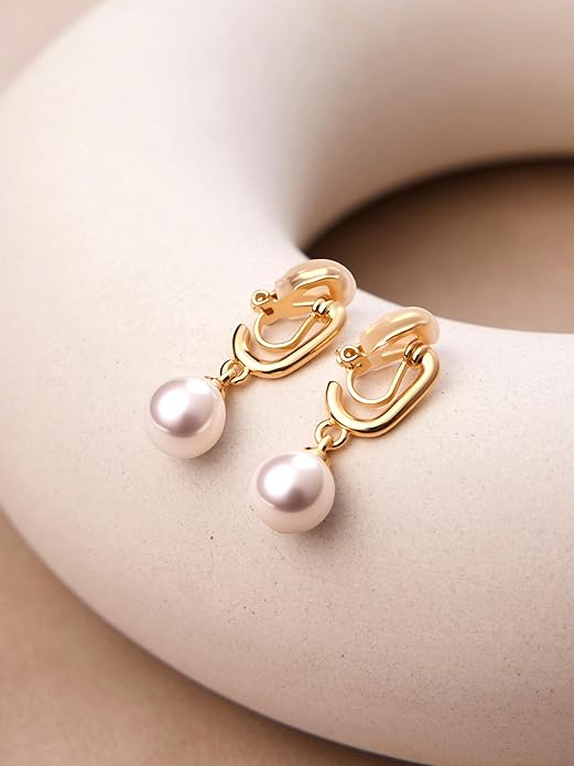 FAN&LOUIS Pearl Clip On Earrings for Women，24K Gold Plated Hypoallergenic Pearl Dangle Drop Women's Non-Pierced Painless Clip-On Earrings