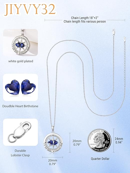 Compass Necklace for Women, Exquisite S925 Valentines Day Anniversary Birthday Gifts for Wife Her Double Birthstone Pendant Jewelry ‘I'd be Lost Without You’