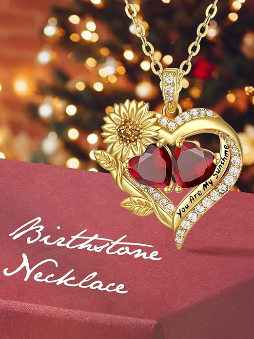 Sunflower Heart Necklace for Women 14K Gold Exquisite Valentines Day Anniversary Birthday Gifts for Wife Mother Her Double Birthstone Pendant Jewelry‘You Are My Sunshine’