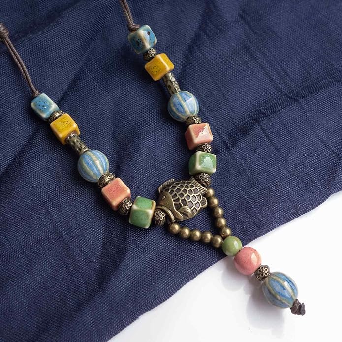 Adjustable Ceramic Beaded Necklace for Women, Boho Handmade Flower Pendant Necklace, Hippie Jewelry for Mom and Wife