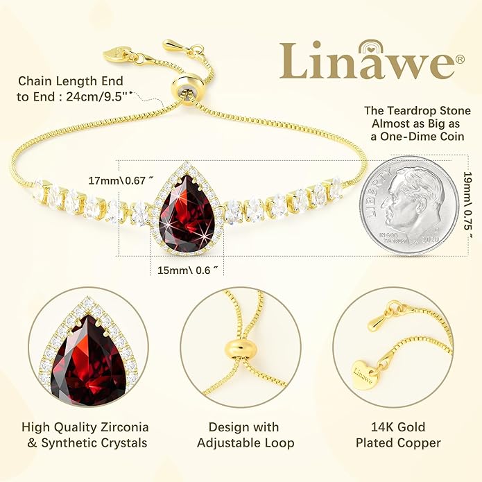 Linawe Crystal Imitation Diamond Rhinestone Charm Bracelets for Women, Gold/Silver/Rose Gold Adjustable Chain Bracelet, Teardrop Birthstone Cubic Zirconia Prom Costume Wedding Jewelry