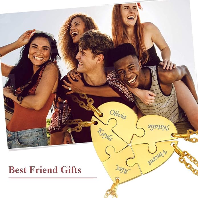 FindChic Personalized Matching BFF Necklace for 2/3/4/5/6 Puzzle Name Heart Pendant Stainless Steel Couple Necklace Set Customized Necklaces for Teen Girls