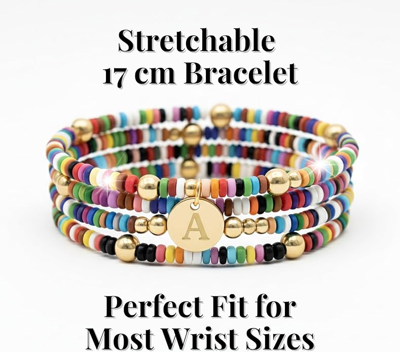 Set of 4 Colorful Bead Initial Bracelets, Personalized Stackable Jewelry, Adjustable Stretchy Charm Bracelets for Women, Beaded Bracelet Set, Trendy Custom Jewelry Gift