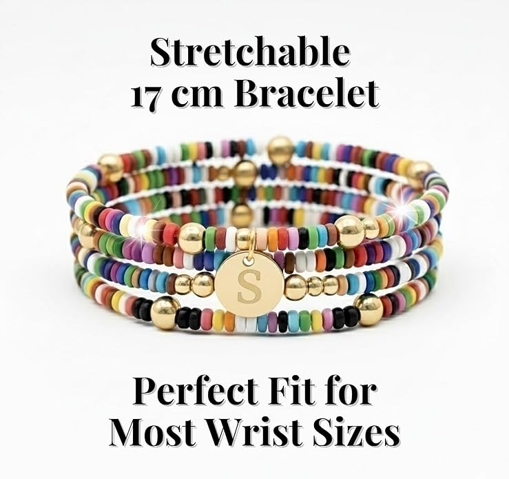Set of 4 Colorful Bead Initial Bracelets, Personalized Stackable Jewelry, Adjustable Stretchy Charm Bracelets for Women, Beaded Bracelet Set, Trendy Custom Jewelry Gift