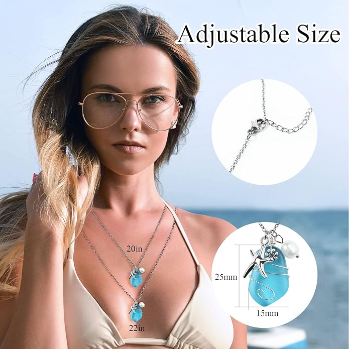 Sea Glass Necklace, Wire Wrapped Beach Necklaces, Sea Glass Jewelry, Handmade Blue Beach Jewelry for Women Trendy