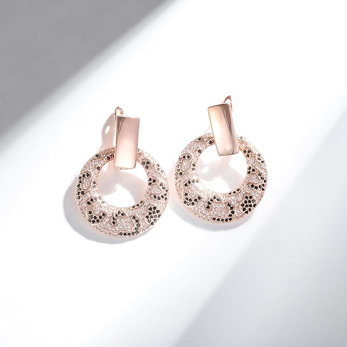 Rose Gold Hoop Earrings for Women, 925 Silver-Plated Thickened Hypoallergenic Earrings, CZ Black Gemstone-Inlaid Earrings - Women's Fashion Jewelry
