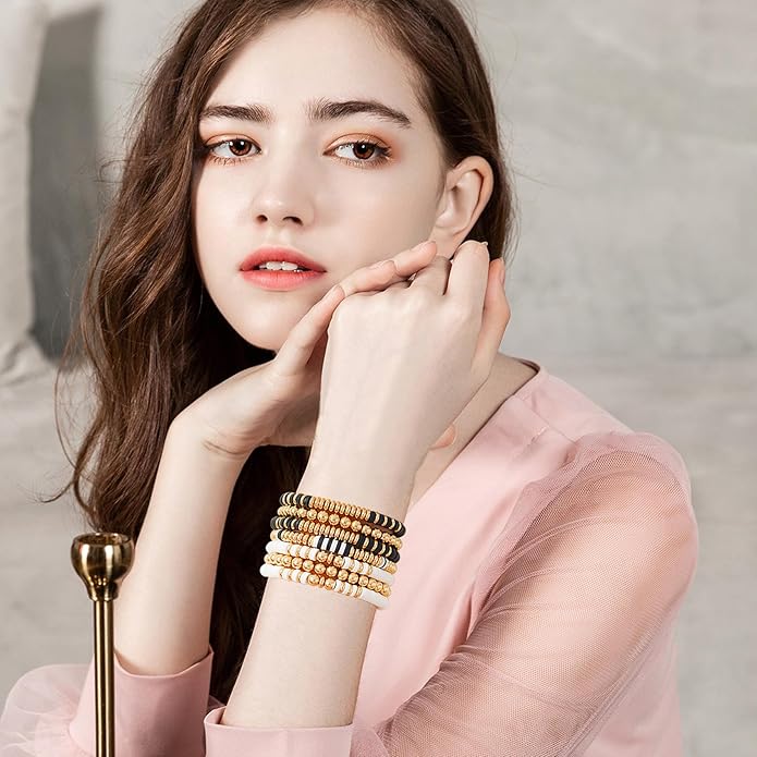 GOOJIDS Surfer Heishi Clay Bead Bracelets for Women Bohemian Stackable Gold Plated Beaded Stretch Bracelets Elastic Layering Friendship Bracelets Set Boho Jewelry