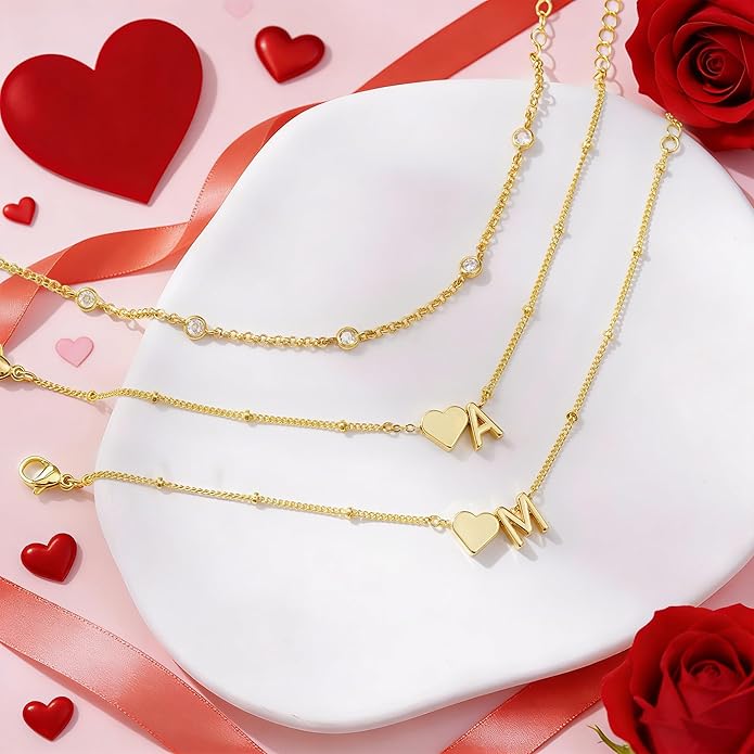 Turandoss Valentines Day Gifts for Kids Teen Girls - Dainty 14K Gold Plated Layered Heart Letter A-Z Charm Bracelet Stack Mom Daughter Jewelry Birthday Valentines Day Gifts for Girlfriend Wife