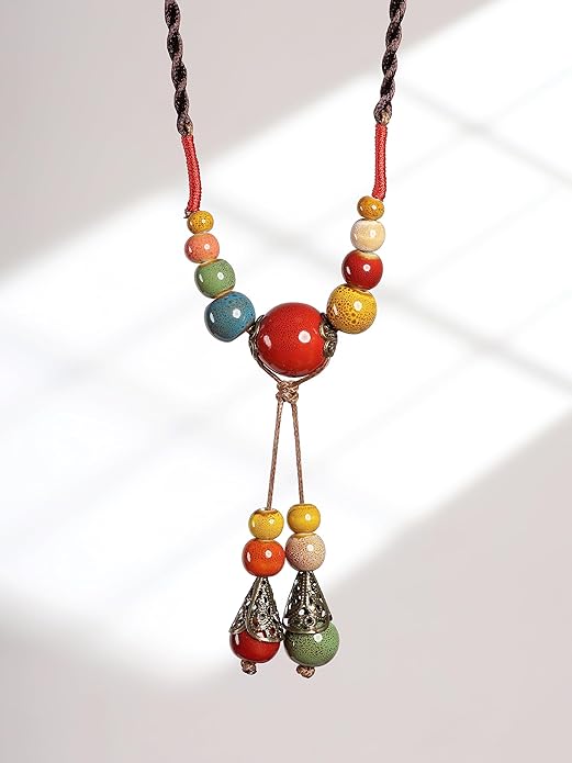 MINACHI Vintage Bohemian Ethnic Colorful Ceramic Bead Long Y Necklace, Hippie Boho Summer Fashion Jewelry Gift for Women