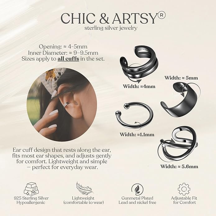 CHIC & ARTSY 925 Sterling Silver Ear Cuffs for Women, Non Piercing Clip On Cartilage Cuffs, Adjustable Fake Conch & Helix Earrings, Gold Plated & Oxidized Various Styles