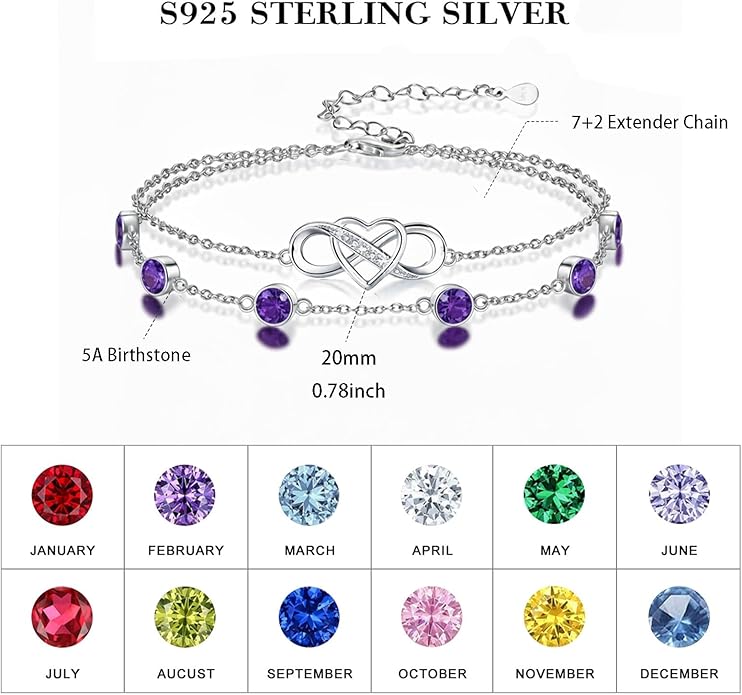 Prismata Infinity Birthstone Charm Link Bracelet 925 Sterling Silver Adjustable 12 Months Birthstone Infinity Bracelet Birthday Jewelry Gifts for Women Mom Her,with 7"+2" chain