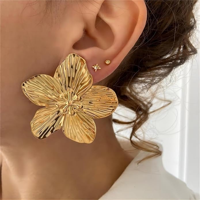 Flower Earrings for Women,Boho Statement Large Double Flower Earrings Trendy Chunky Floral Stud Earrings Elegant Chic