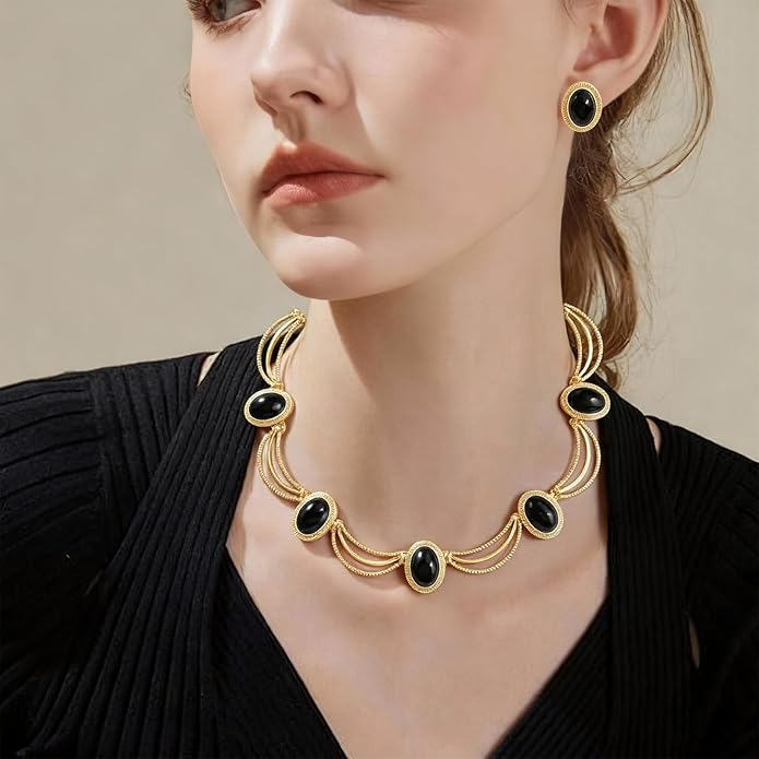 Black and Gold Jewelry Sets for Women, Gold Plated Textured Metal Necklace and Earrings Set with Deep Black Oval Stones, Coordinated Accessories for Wedding Party Gala