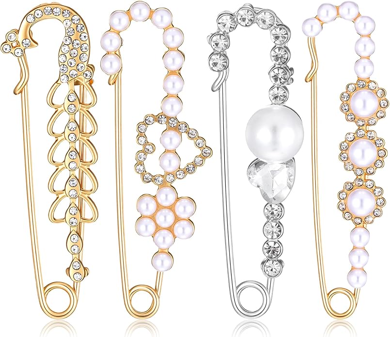 4 Pieces Pearl Brooch Pins, Faux Crystal Decorative Safety Pins for Clothing Sweater Shawl Pin and Brooches Pearl Safety Pin for Women Dress Pants Scarf Skirt Cardigan Collar