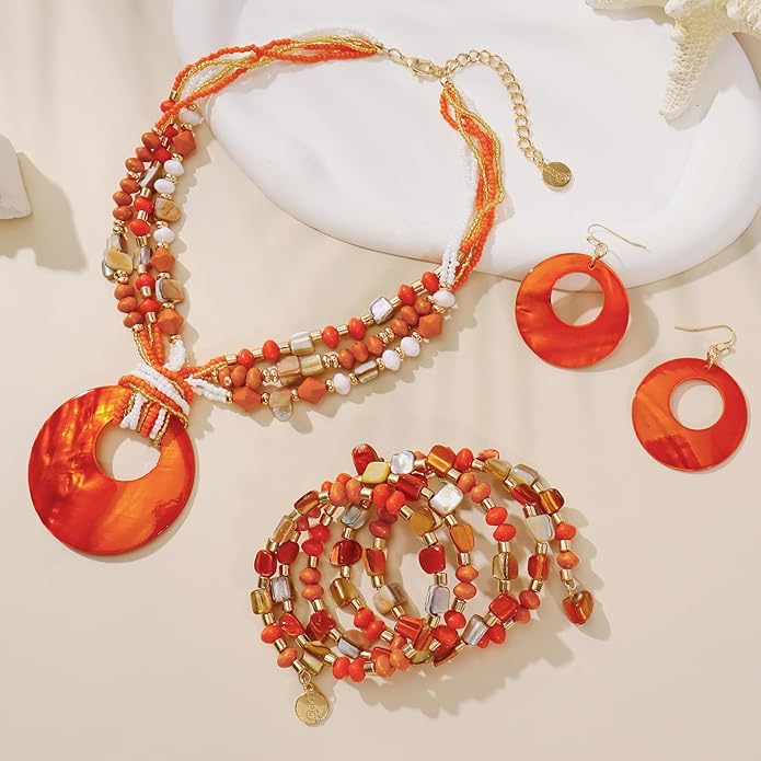 Jewelry Sets for Women 4 Pcs Chunky Beaded Mrs Roper Costume Jewelry for Women Boho Multi Strand Colorful Shell Necklace for Women