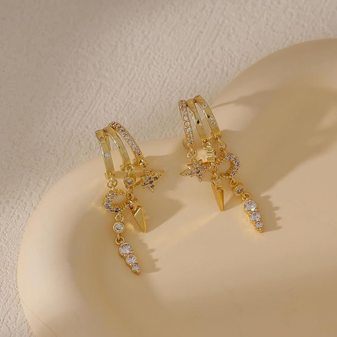 Dangle Earrings For Women,Dainty 14K Gold Plated Hypoallergenic Small Triple Huggie Hoop Earring Gothic Cute Cross Moon Star Drop Earrings For Women Trendy Gold Statement Stud Earring Jewelry