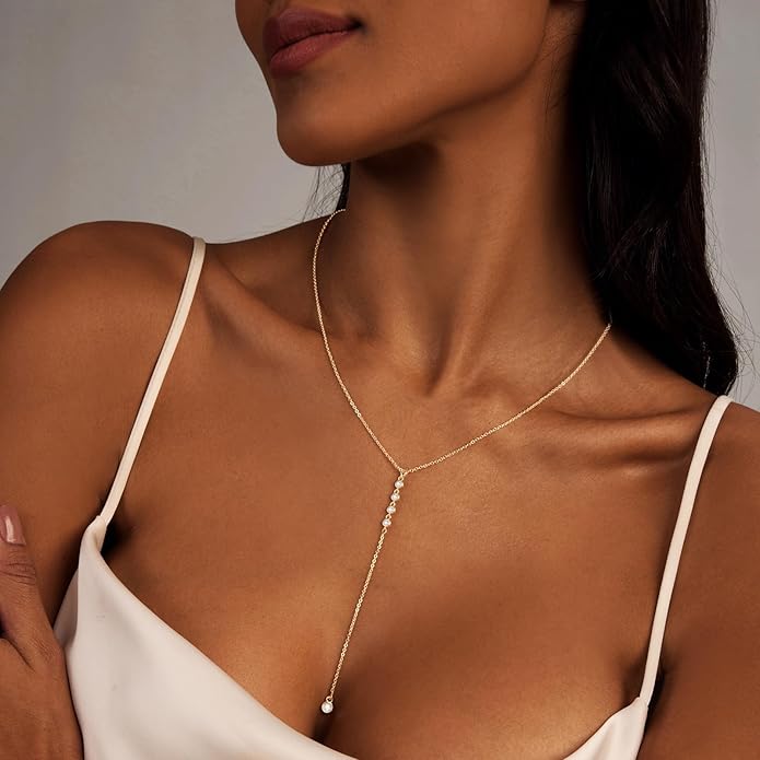 Luxval Lariat Gold Necklace for Women, Dainty Long Necklace 14k Gold Plated/Silver Y-Shaped Pendant Necklaces Trendy Beaded Chain Drop Necklaces Jewelry for Women Gifts