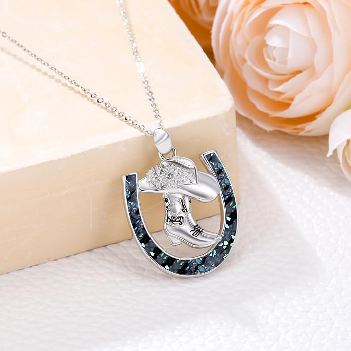 Western Cowboy Necklace 925 Sterling Silver Horseshoe Pendant Western Jewelry Cowgirl Gifts for Women Girlfriend Cowboy Cowgirl