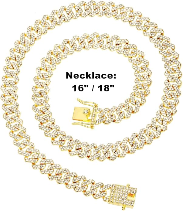 HH BLING EMPIRE 14k Gold/Silver Cuban Link Chain for Women Iced Out Diamond Chunky Cuban Link Necklace Chain Bracelet 2pcs Sets