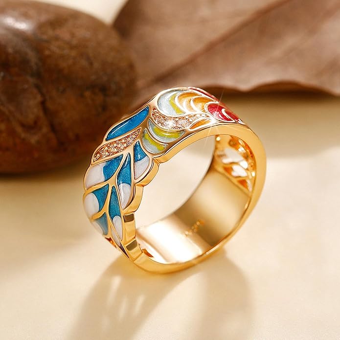 Women Tree of Life Lucky Flower Wide Band Ring Gold Pink Opal Green Enamel Resin Plated Dainty Tree Rhinestone Statement Thumb Index Full Finger Chunky Ring Party Crystal Vintage Jewelry