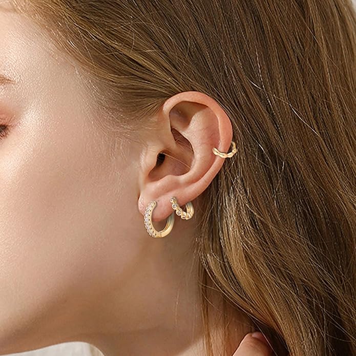 6 Pairs Gold Hoop Earrings Set for Women, 14K Gold Plated Small Huggie Hoops Earrings Hypoallergenic, Lightweight Tiny Cartilage Piercings Earrings Jewelry for Women Gifts.