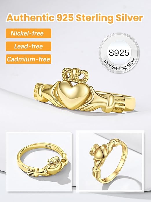 Bestyle 925 Sterling Silver Ring for Women, Minimalist Claddagh Ring Celtic Knot Ring for Women, Irish Promise Wedding Band, Gold/Rose Gold Vermeil Women Band Ring, Stackable, Gift for Her