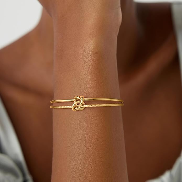 Turandoss Gold Knot Bangle Bracelets for Women - Dainty 18K Gold Plated Cuff Bangle Bracelets for Women Trendy Personalized Open Love Knot Bracelet Adjustable Cuff Bracelet Valentine Gifts for Her