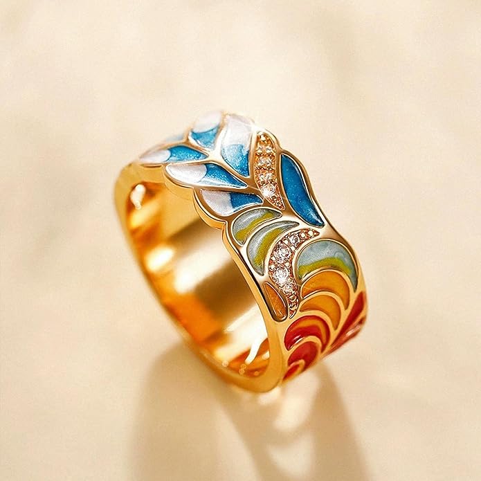 Women Tree of Life Lucky Flower Wide Band Ring Gold Pink Opal Green Enamel Resin Plated Dainty Tree Rhinestone Statement Thumb Index Full Finger Chunky Ring Party Crystal Vintage Jewelry
